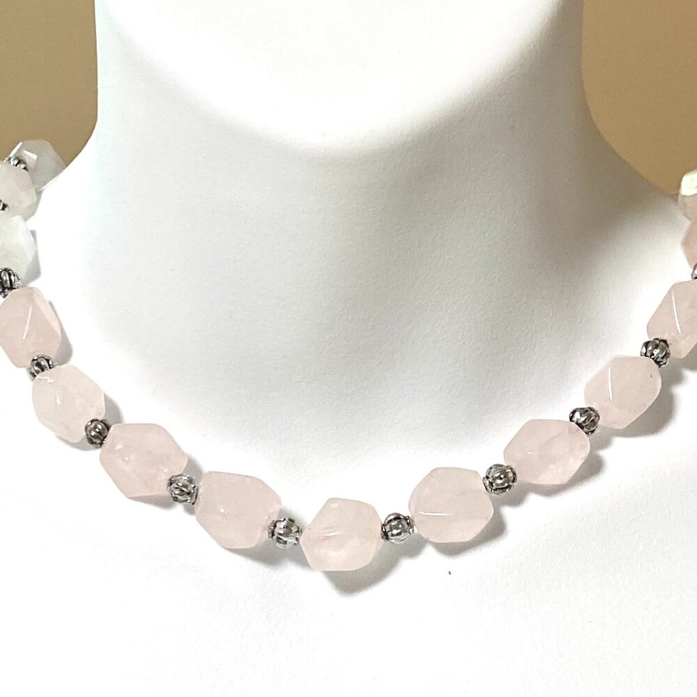 Beaded Diamond-cut Rose Quartz Necklace, Pale Pink Genuine Gemstone Choker